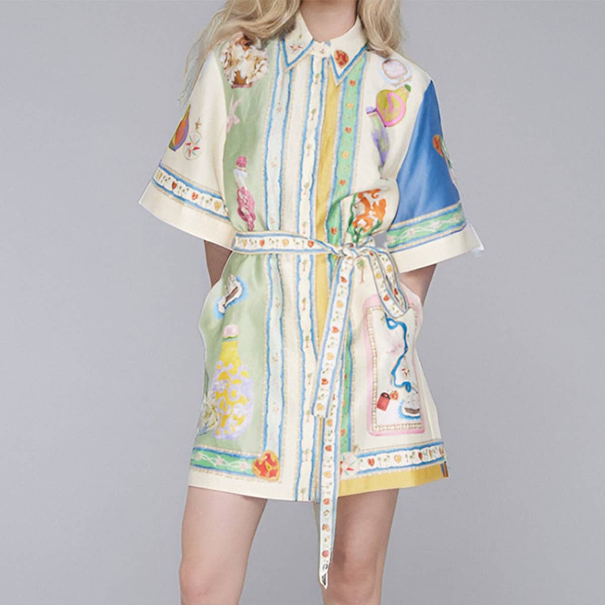 PRINTED LAPEL LONG-SLEEVED SHIRT DRESS