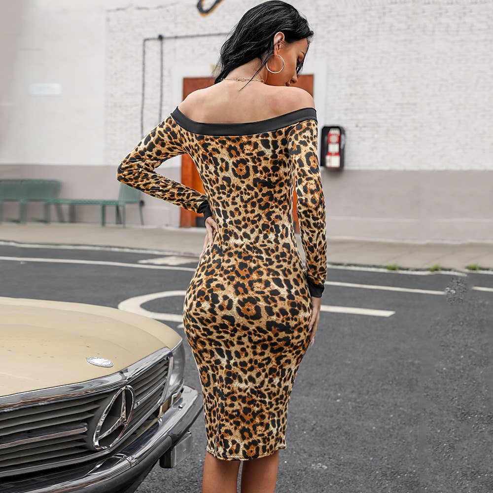 LEOPARD PRINT SLIT ONE-LINE SHOULDER ZIPPER DRESS
