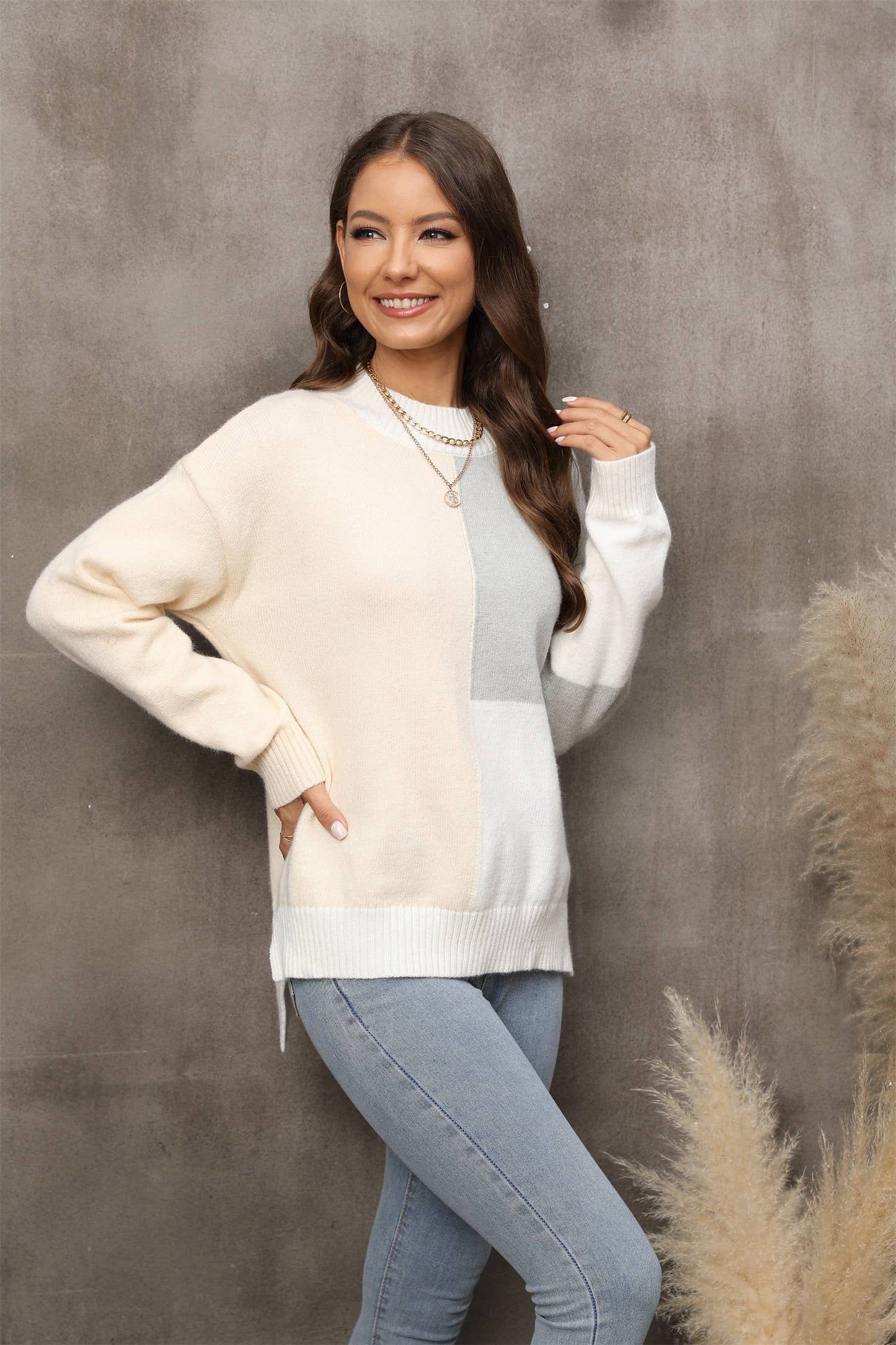 WITH IRREGULAR KNIT LOOSE PULLOVER SWEATER