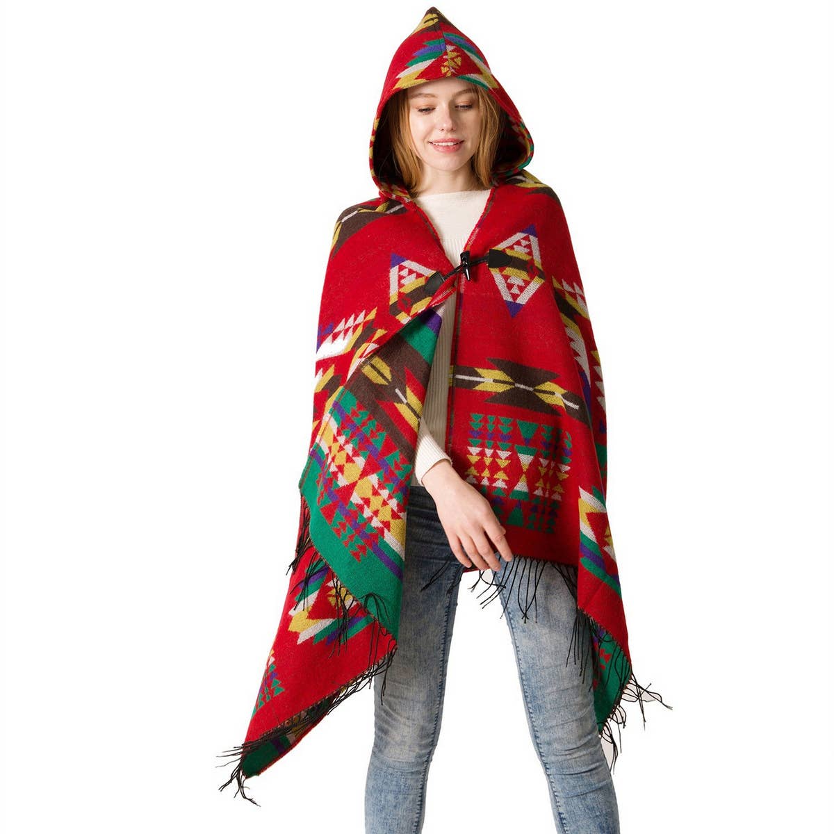 HORN BUTTON BOHEMIAN HOODED CAPE SHAWL