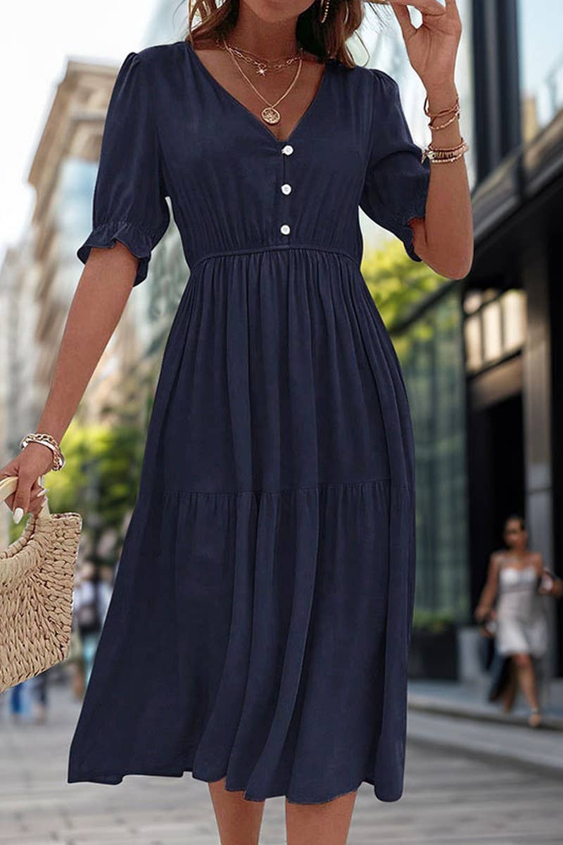 CWDMD2513_WAIST V-NECK SOLID COLOR DRESS