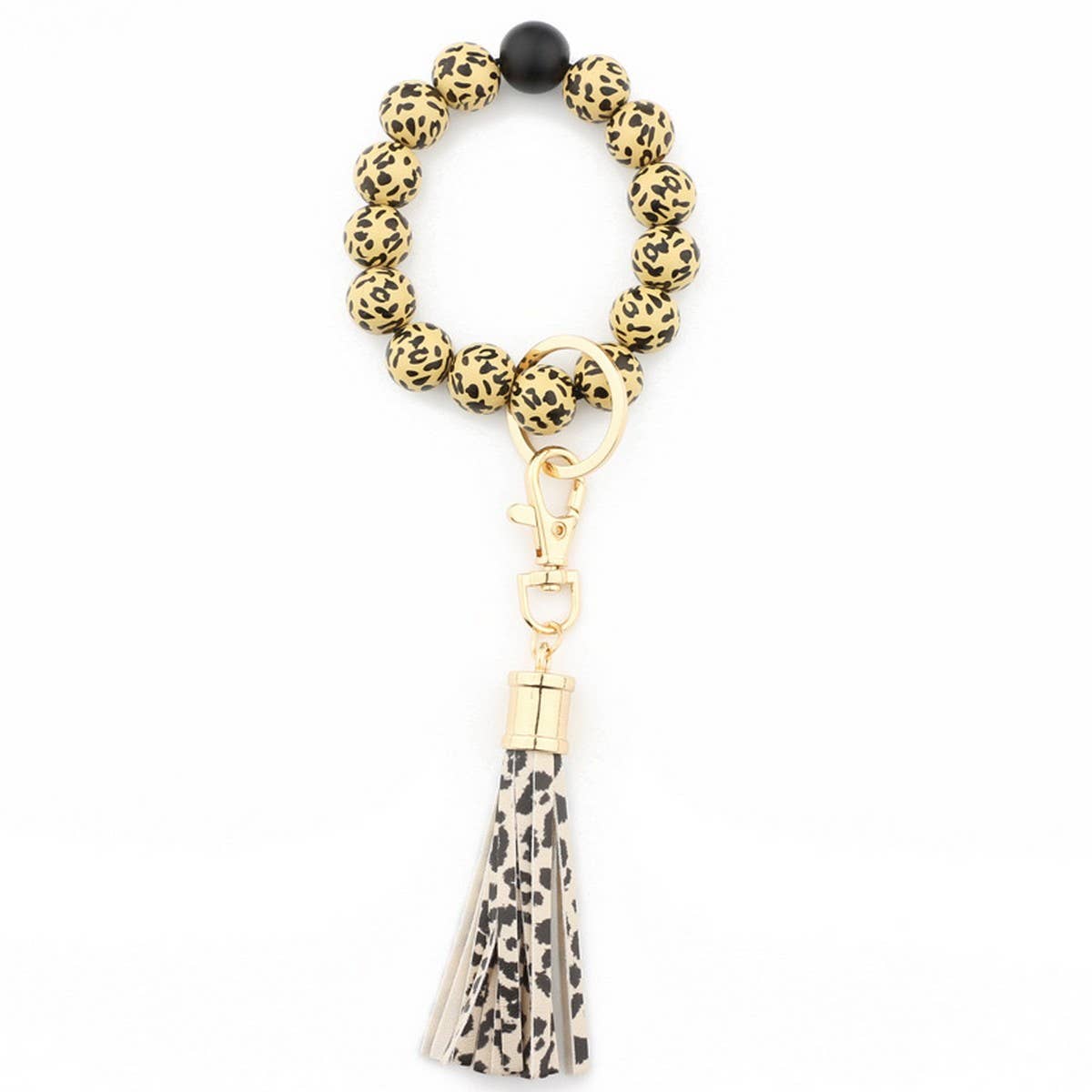 Leopard & Plaid Bead Bracelet Keychain Tassel
