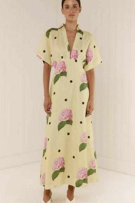 CWDMD6032_V-NECK STYLISH PRINTED WAIST TIE MAXI DRESS