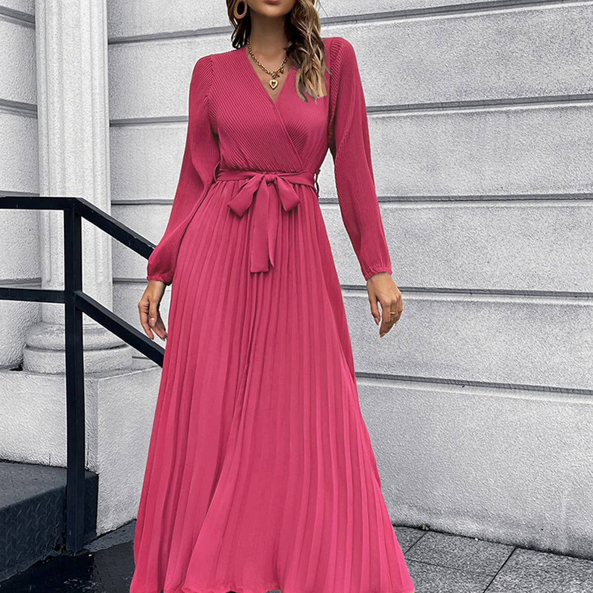 V-neck long sleeve pleated A-line long dress