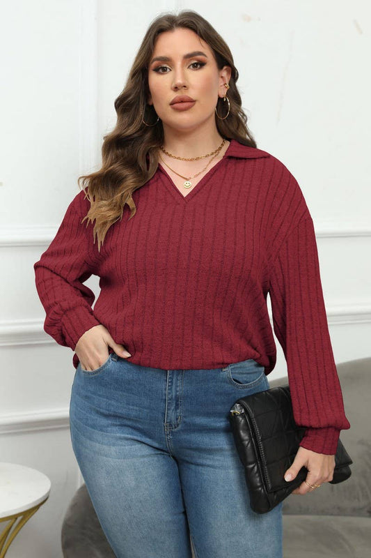 Cwttl1312_Plus Size Casual Foldover Collar Knit Pullover Top