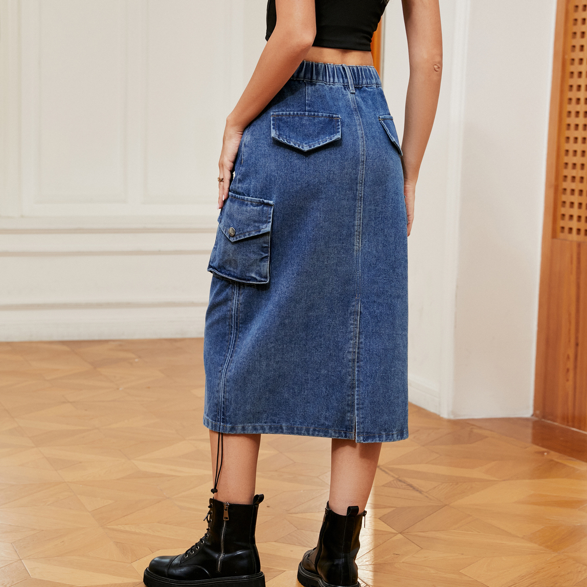 Women??¢s Denim Utility Midi Skirt Casual Streetwear_CWJSK0193