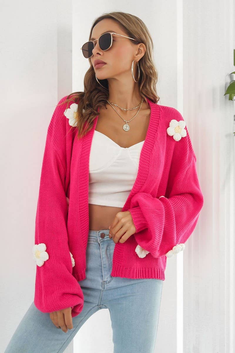CWOCAL1182_EMBROIDERED FLOWER LANTERN SLEEVE KNIT CARDIGAN