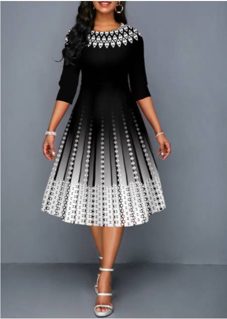 POSITIONING PRINT STYLE MID-SLEEVE WAIST DRESS