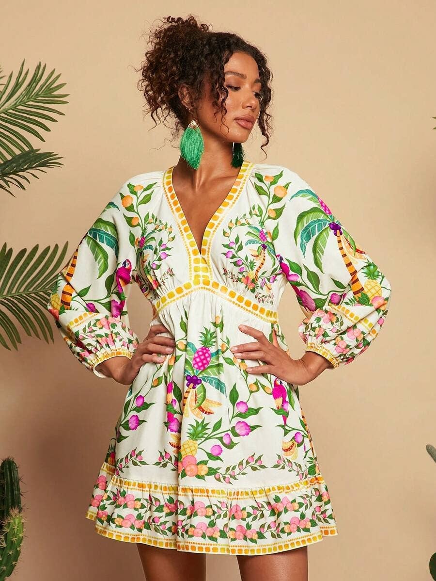 Bohemian V-Neck Three-Quarter Sleeve Mini Dress_Cwdsd8590
