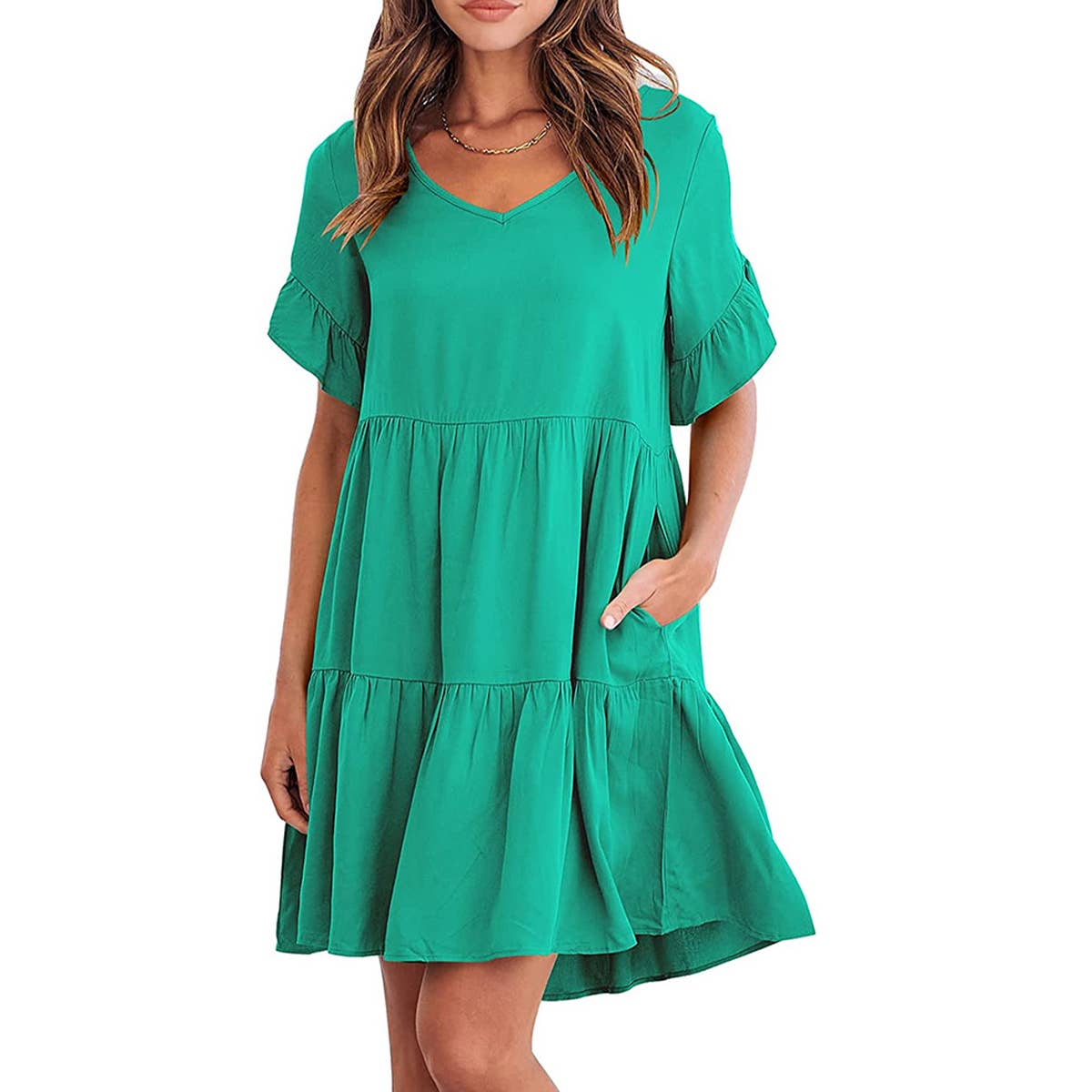 V-neck doll outfit three-layer pleated dress