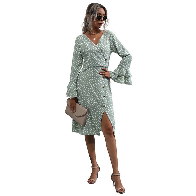 Slim print split long-sleeved French dress