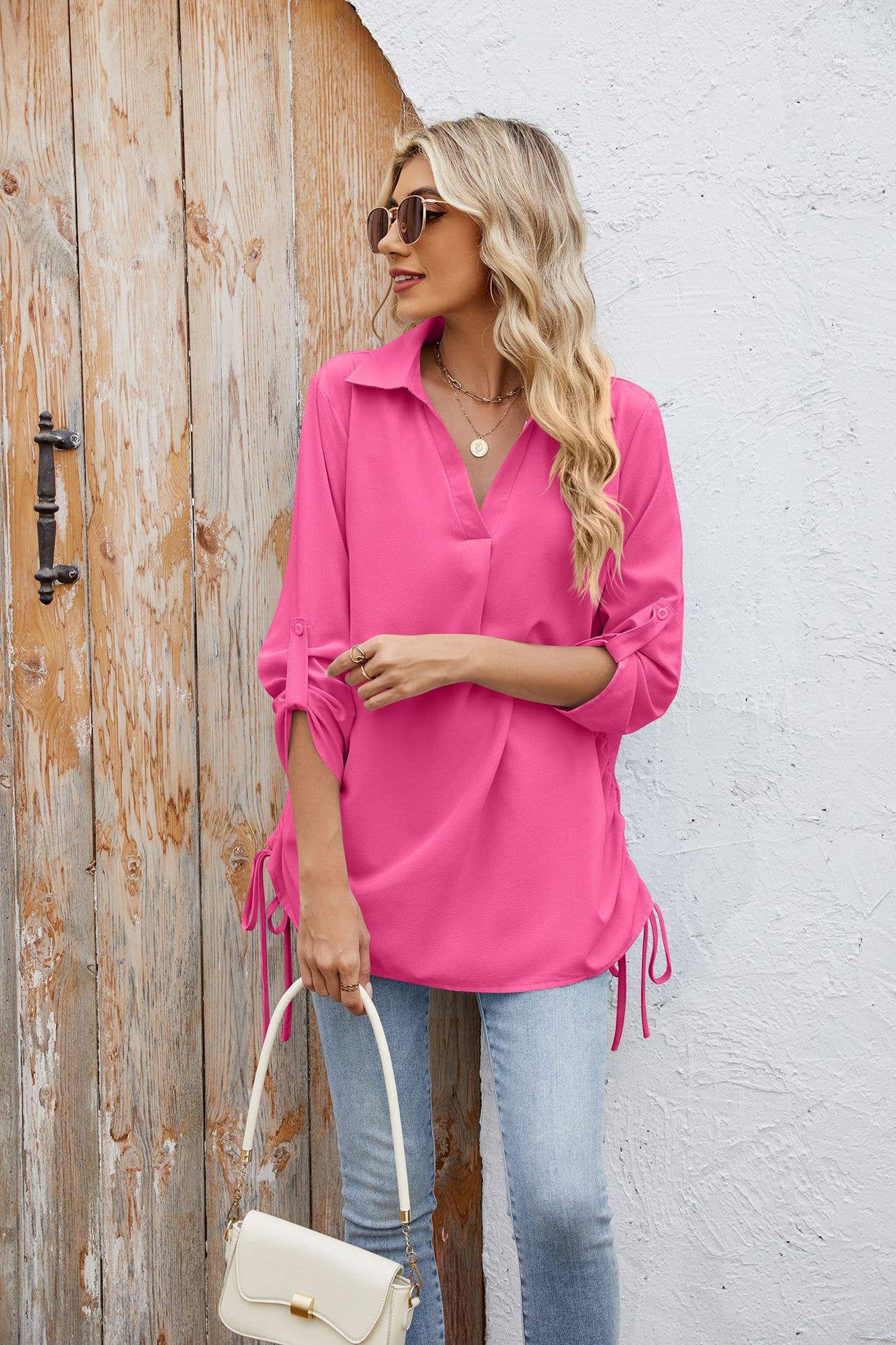 Solid color lapel loose mid-sleeved chiffon shirt
