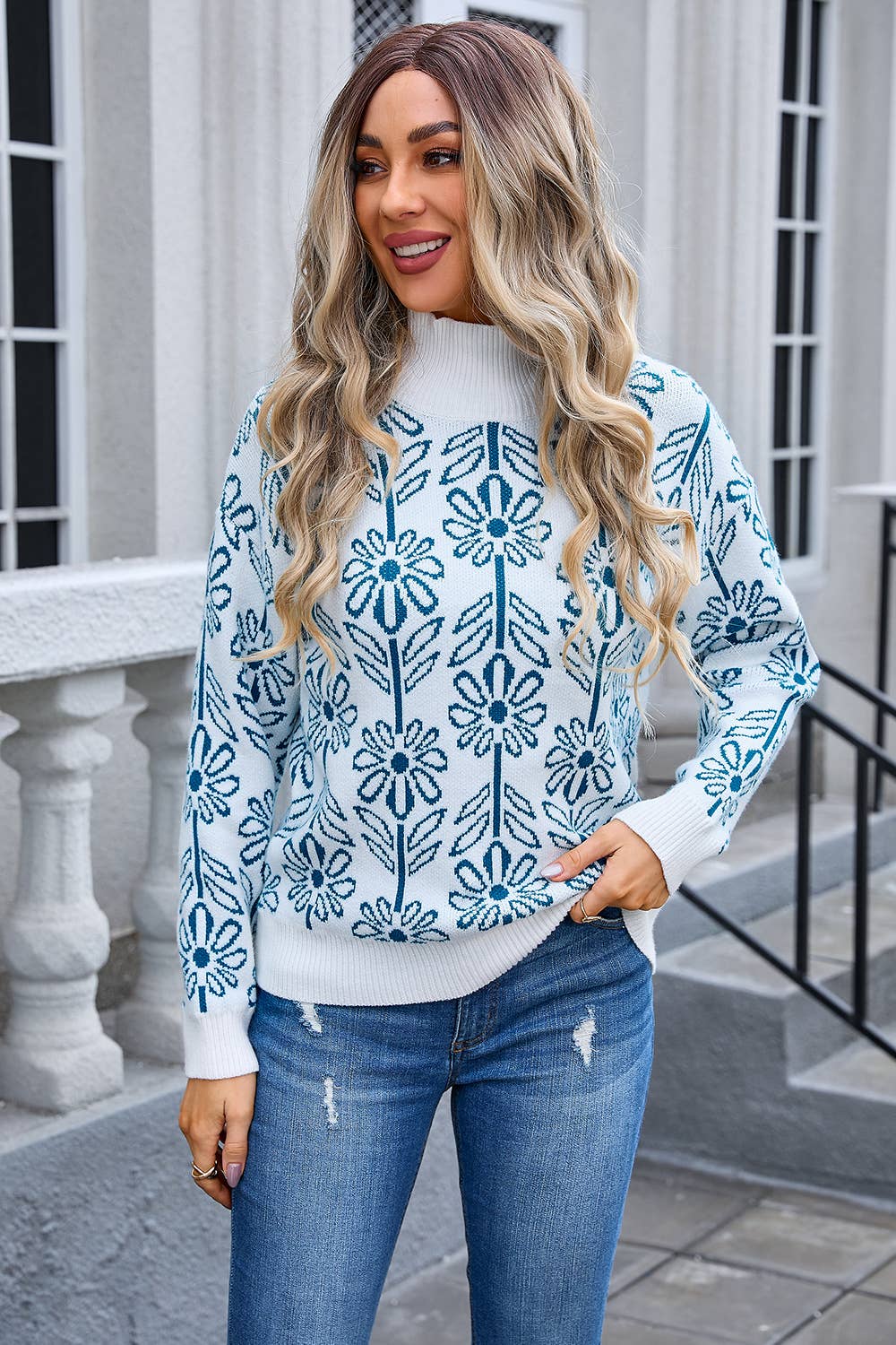 TURTLENECK FLOWER PULLOVER SWEATER KNITTED LOOSE