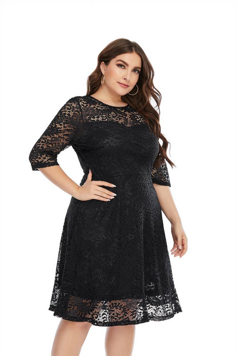 CWDSD5552_PLUS SIZE ROUND NECK LACE MIDI DRESS