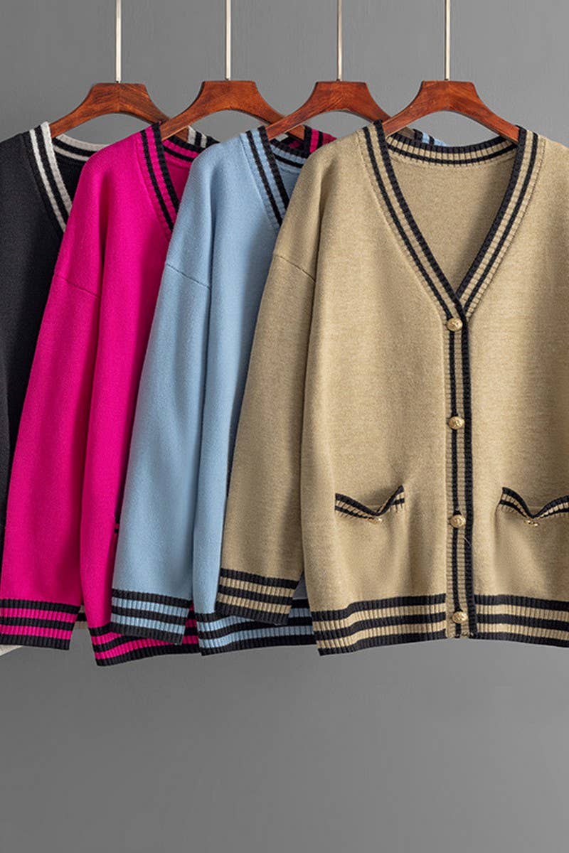 CWOCAL00677_COLORBLOCK V NECK LONGLINE LOOSE KNIT CARDIGAN
