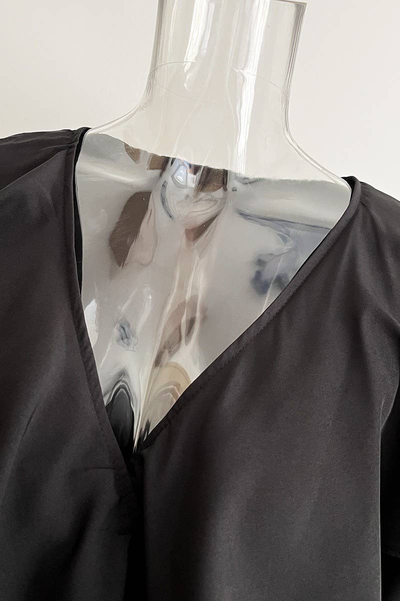 CWDMD4823_RUFFLED V-NECK LONG-SLEEVED SWING DRESS