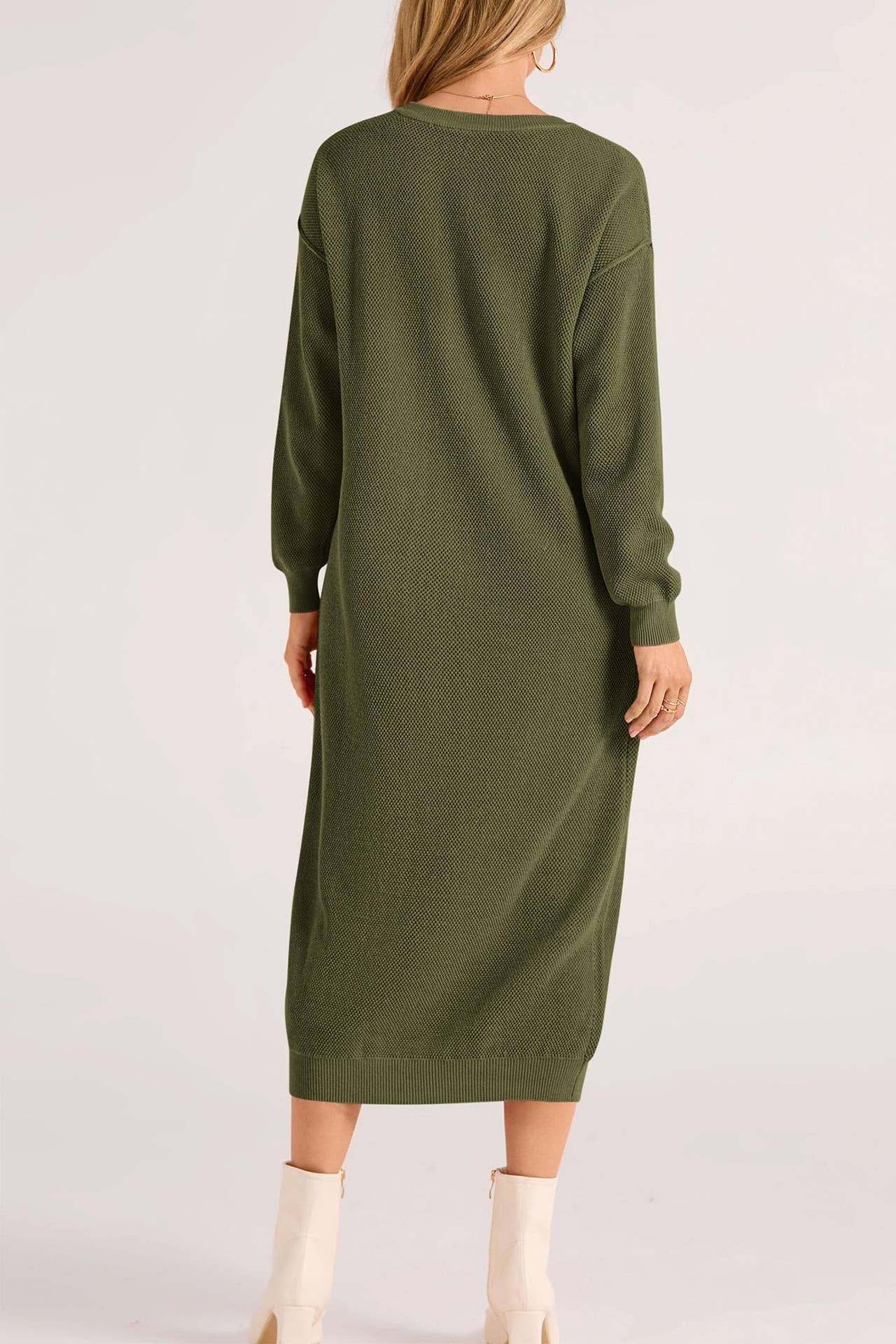 LONG-SLEEVED BUTTON-DOWN V-NECK SWEATER DRESS