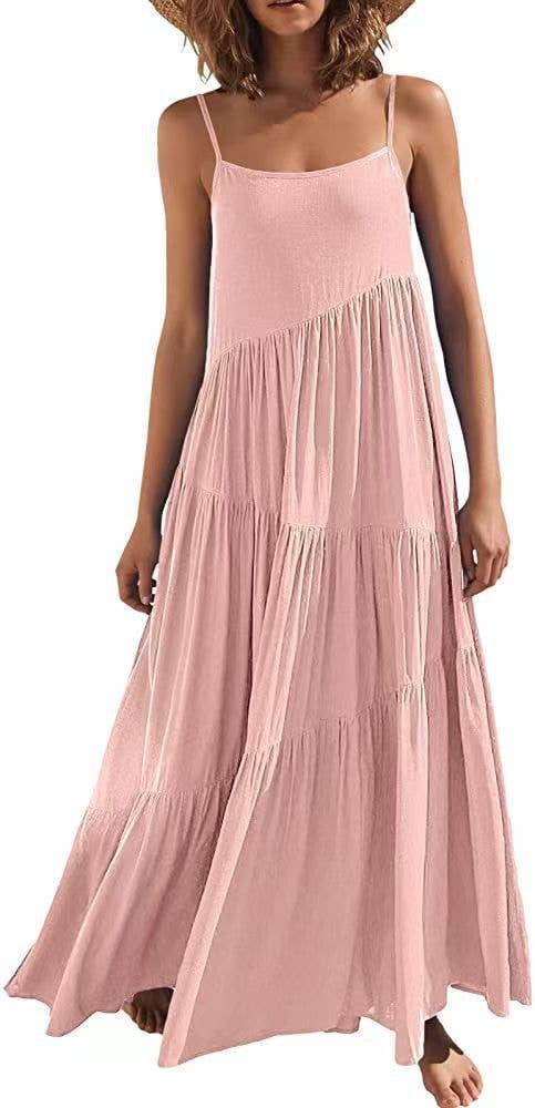 Pleated loose solid-color long beach halter dress