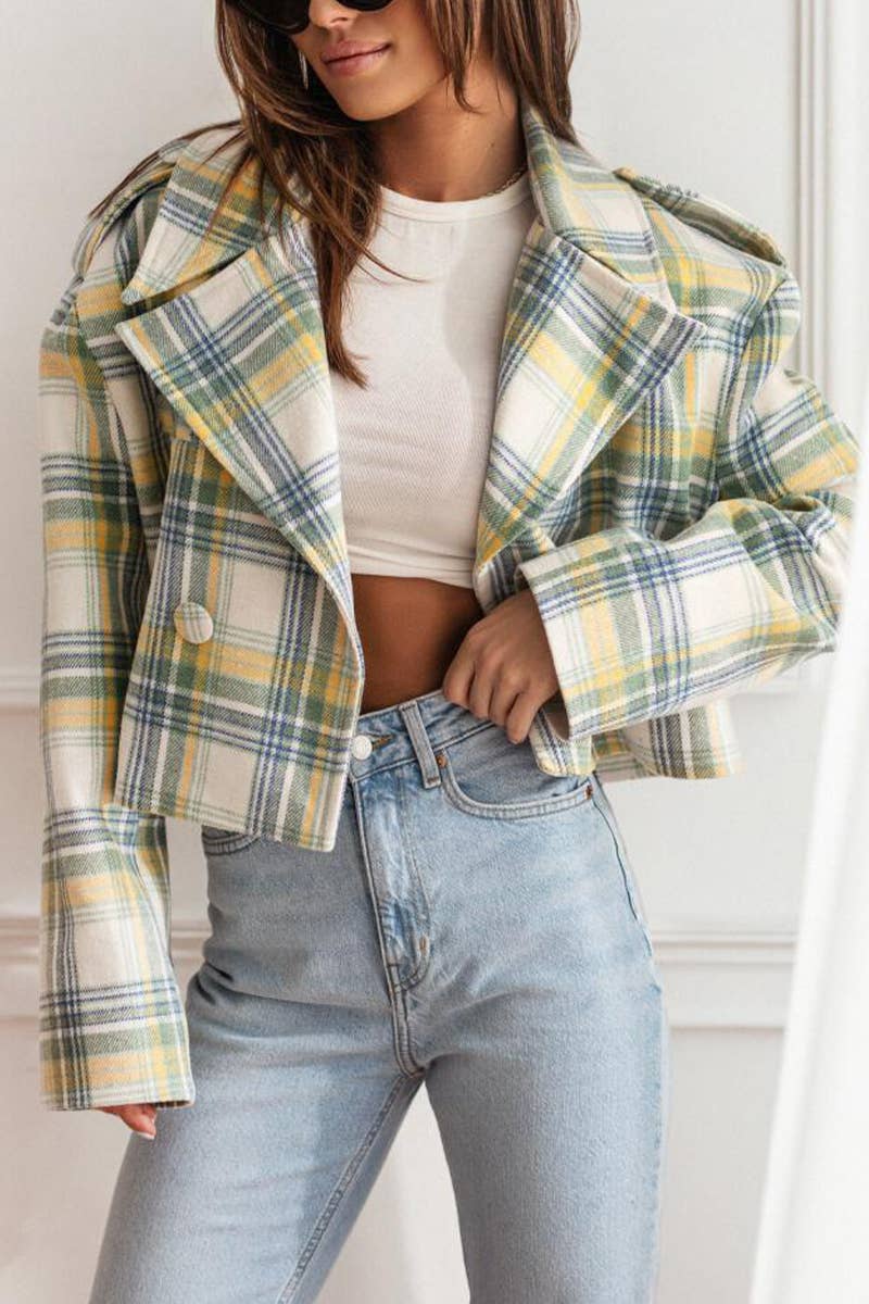 ENGLISH SUIT COLLAR PLAID PRINTED WOOLEN COAT