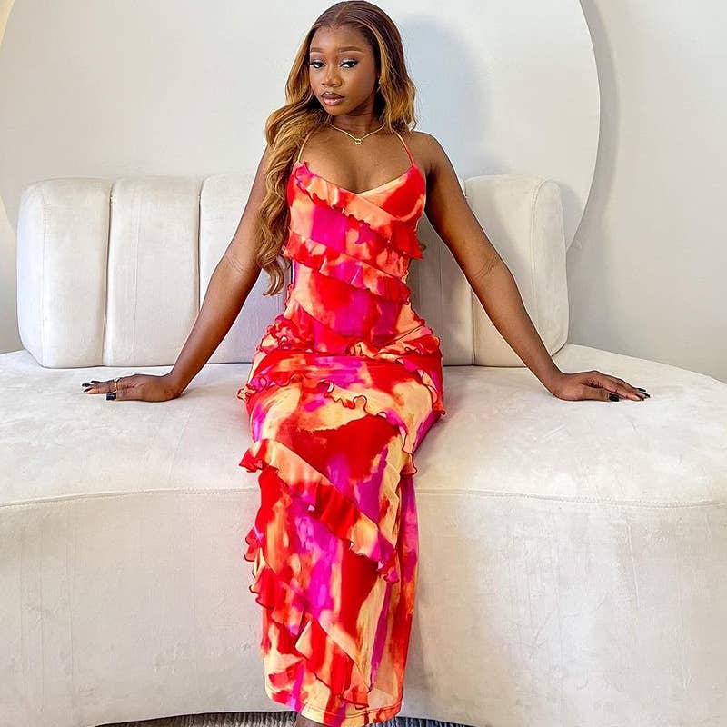 PRINTED SEXY HALTER HALTER IRREGULAR DRESS