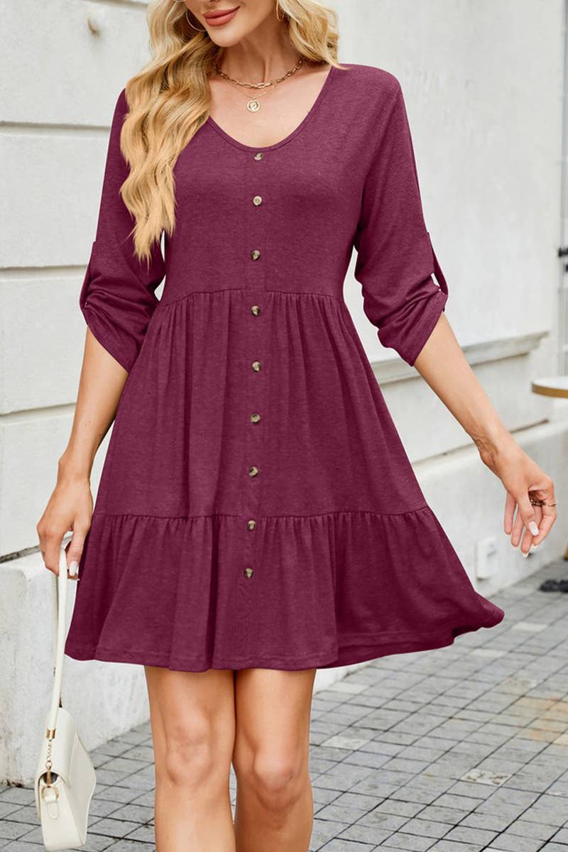 CWDSD7423_SUMMER SOLID COLOR ROUND NECK BUTTON SLEEVE DRESS