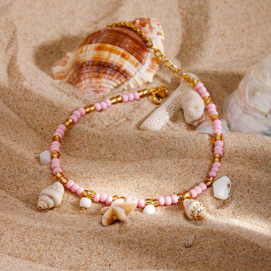 18K Gold Shell Bead Anklet, Stainless Steel_CWAJE4755