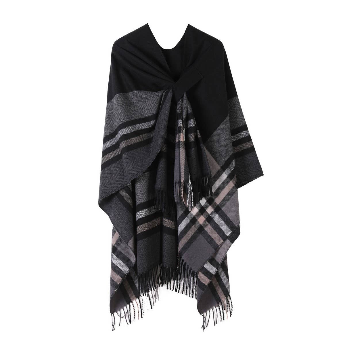 KNITTED FRINGED SHAWL DOUBLE-SIDED PLAID SCARF