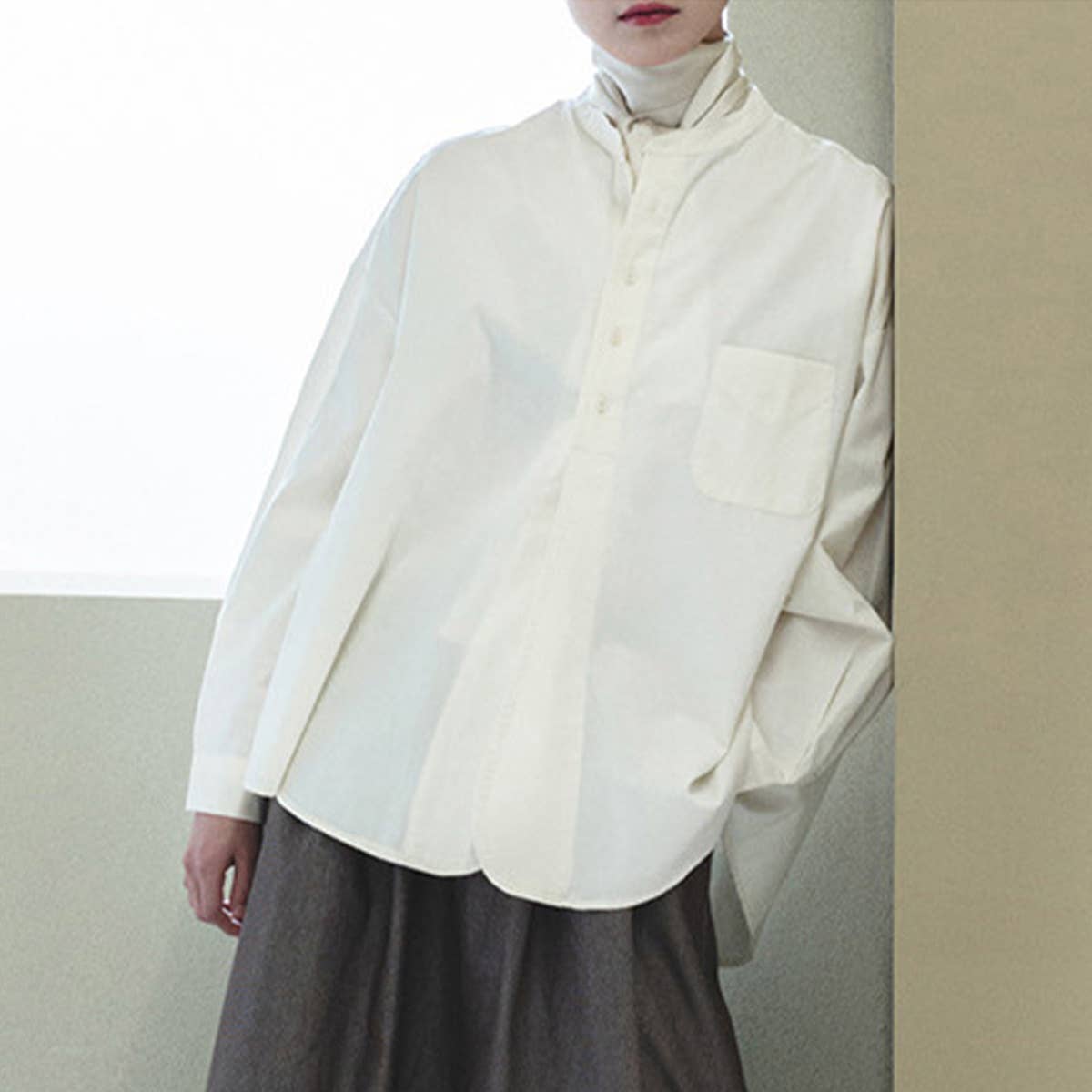 SOLID COLOR STAND COLLAR LOOSE COTTON SHIRT