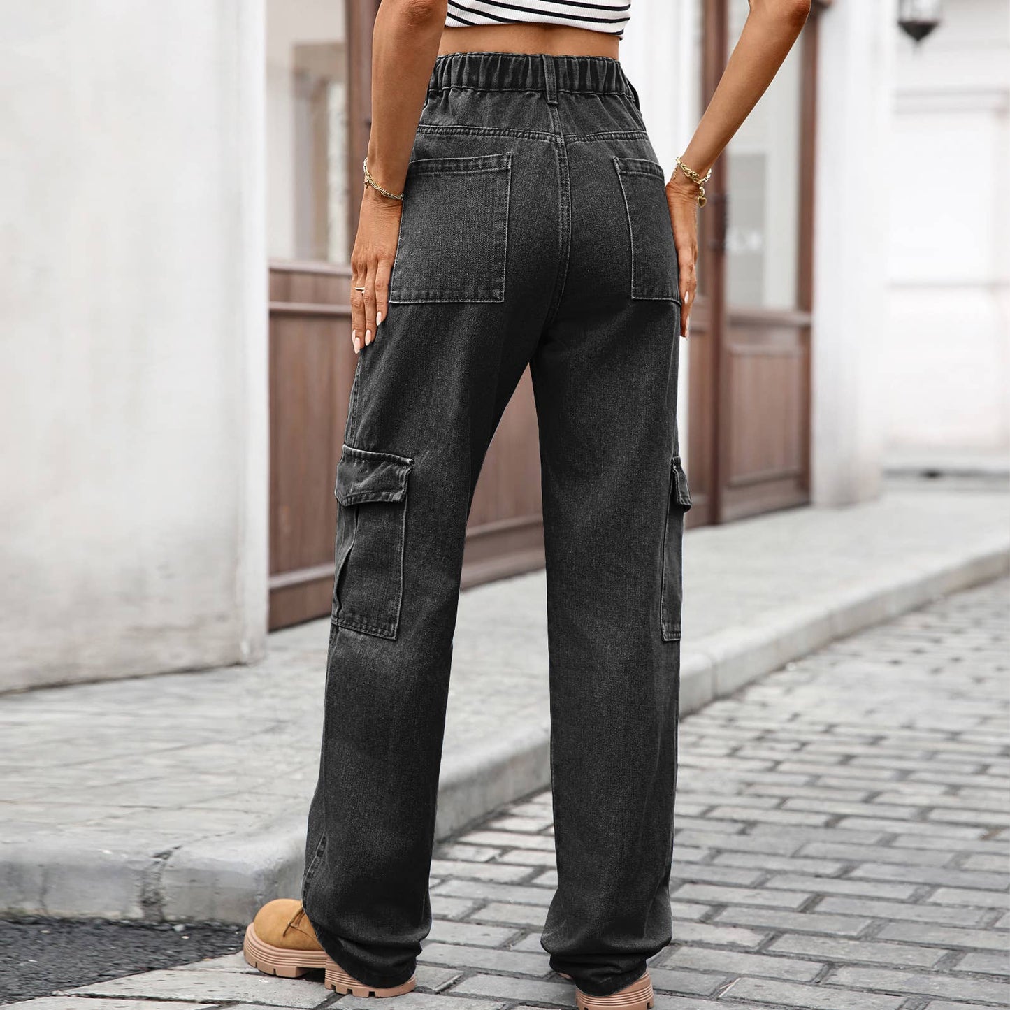 Washed semi-elastic waist denim workwear trousers