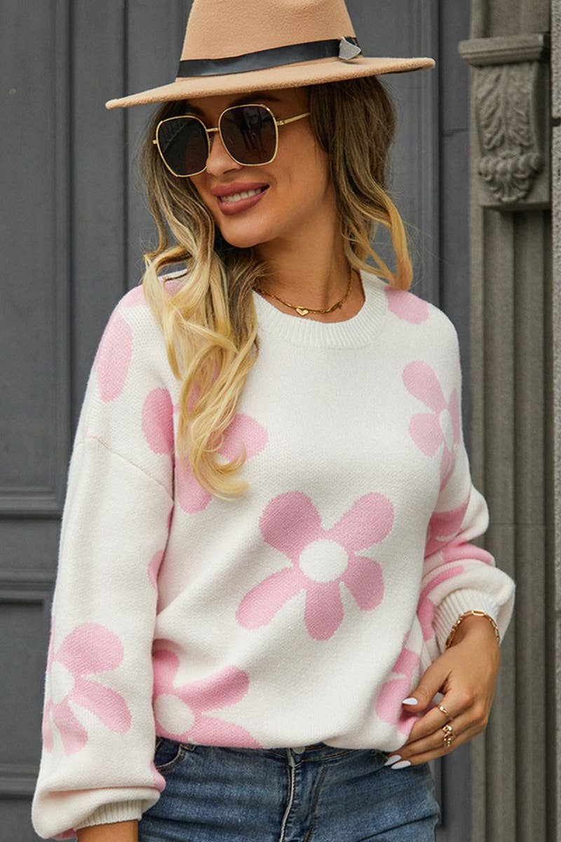 WOMEN FLOWER PATTERN SLIM KNITTED SWEATER_CWOSWL1448