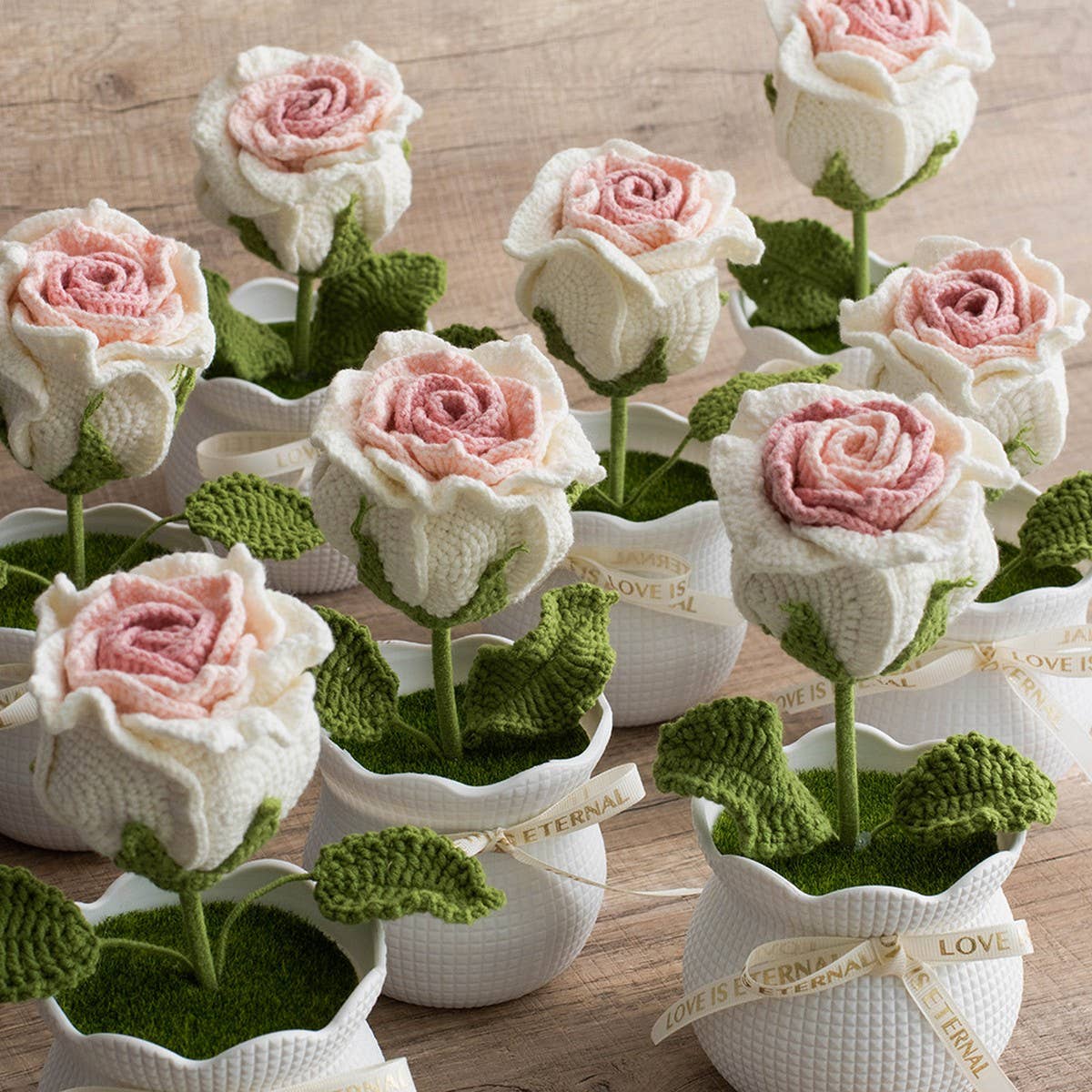 CWMM9266_HANDMADE CROCHET ROSE ARTIFICIAL FLOWER POT