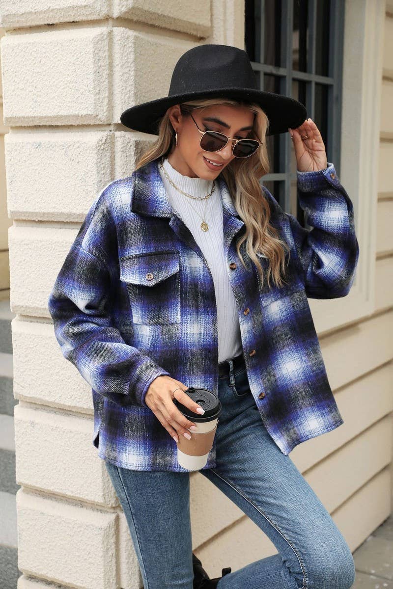CWOCO0874_LONG SLEEVE LOOSE STRIPED PLAID CARDIGAN COAT