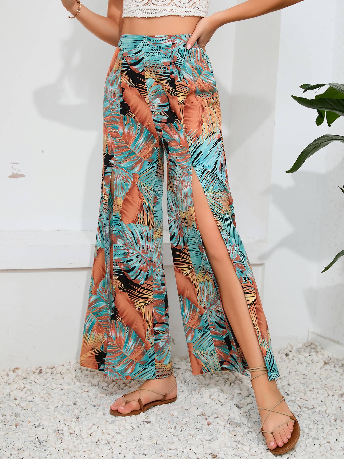 LOOSE CASUAL WAIST SLIT PANTS WIDE LEG PANTS
