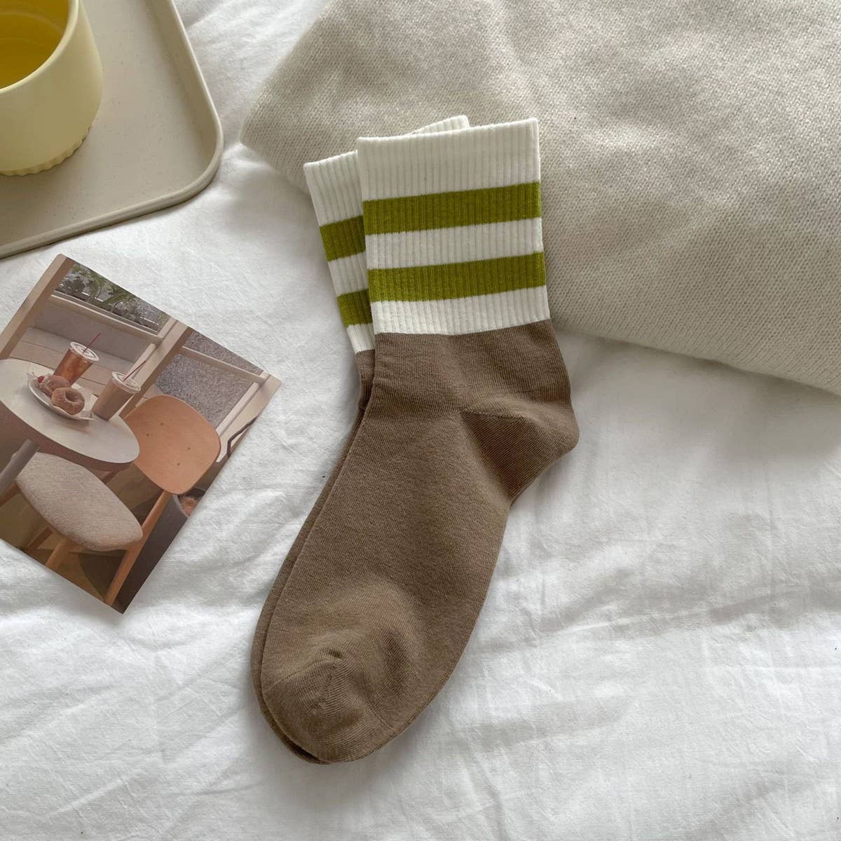 CWMS2514_AUTUMN AND WINTER CONTRAST COLOR DOUBLE BAR SOCKS