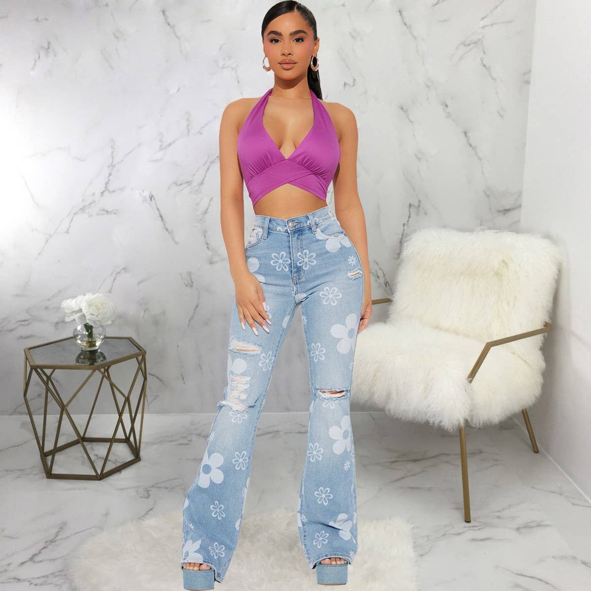 FLOWER PRINTED DENIM SLIM FLARED PANTS_CWJP0091