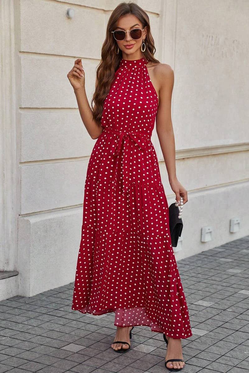 Polka dot printed bouquet ribbon halter dress