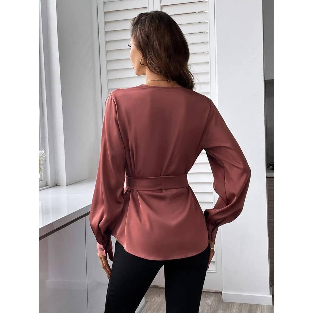 V-NECK SOLID COLOR BELTED ASYMMETRICAL HEM SHIRT
