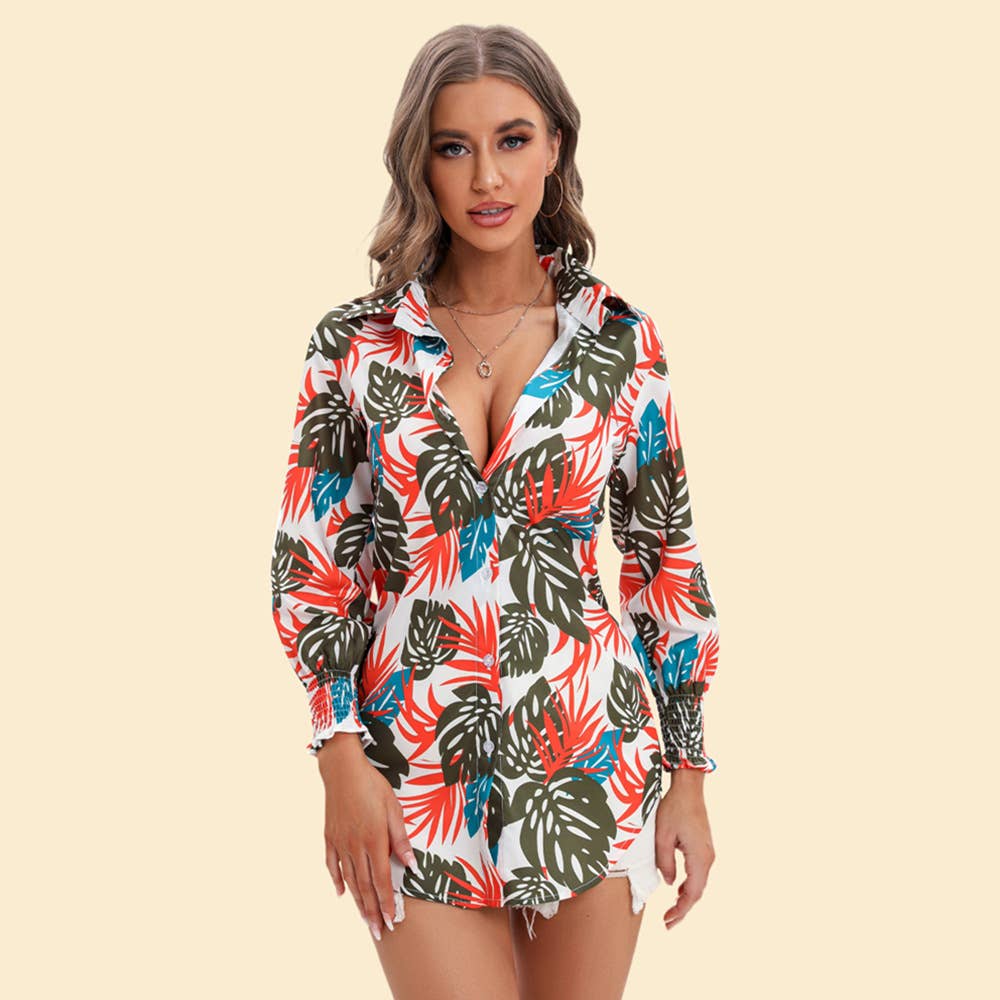 Printed long-sleeved shirt with lapel wrap_cwtbll0928