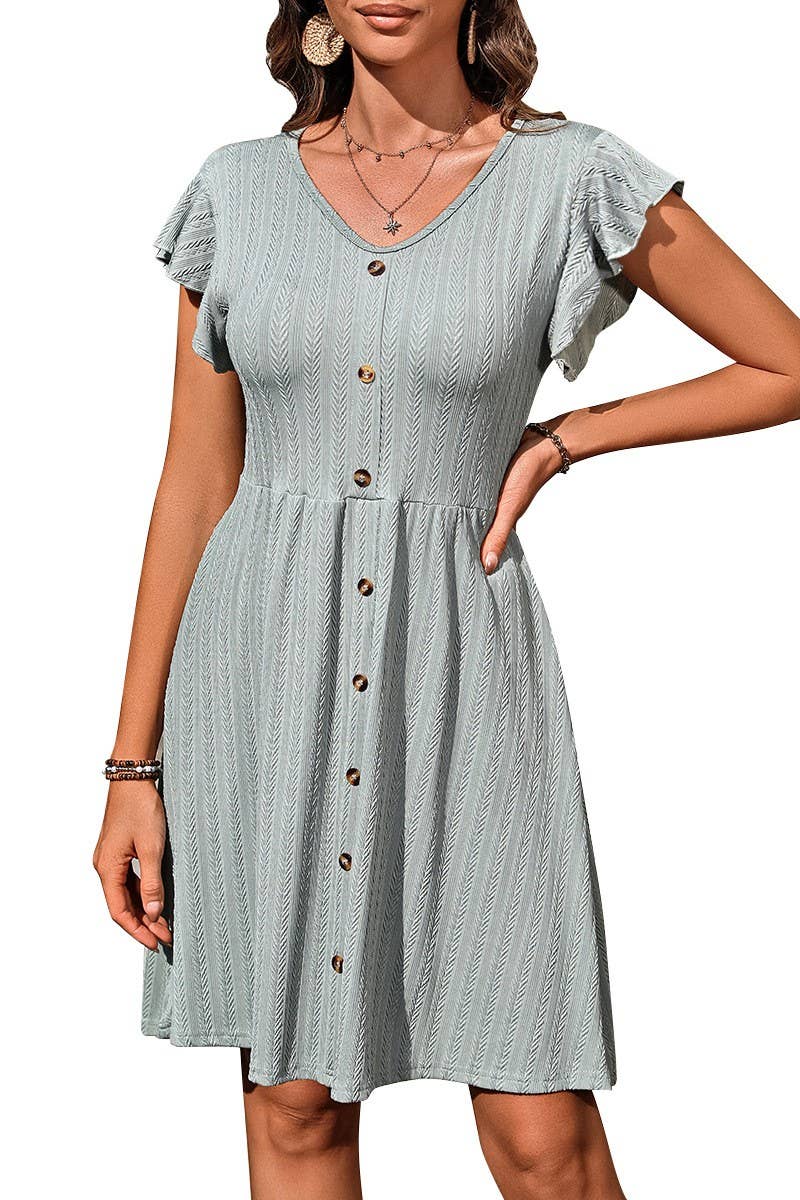 CWDSD6686_V-NECK BUTTON WAIST ELASTIC SHORT SLEEVE DRESS