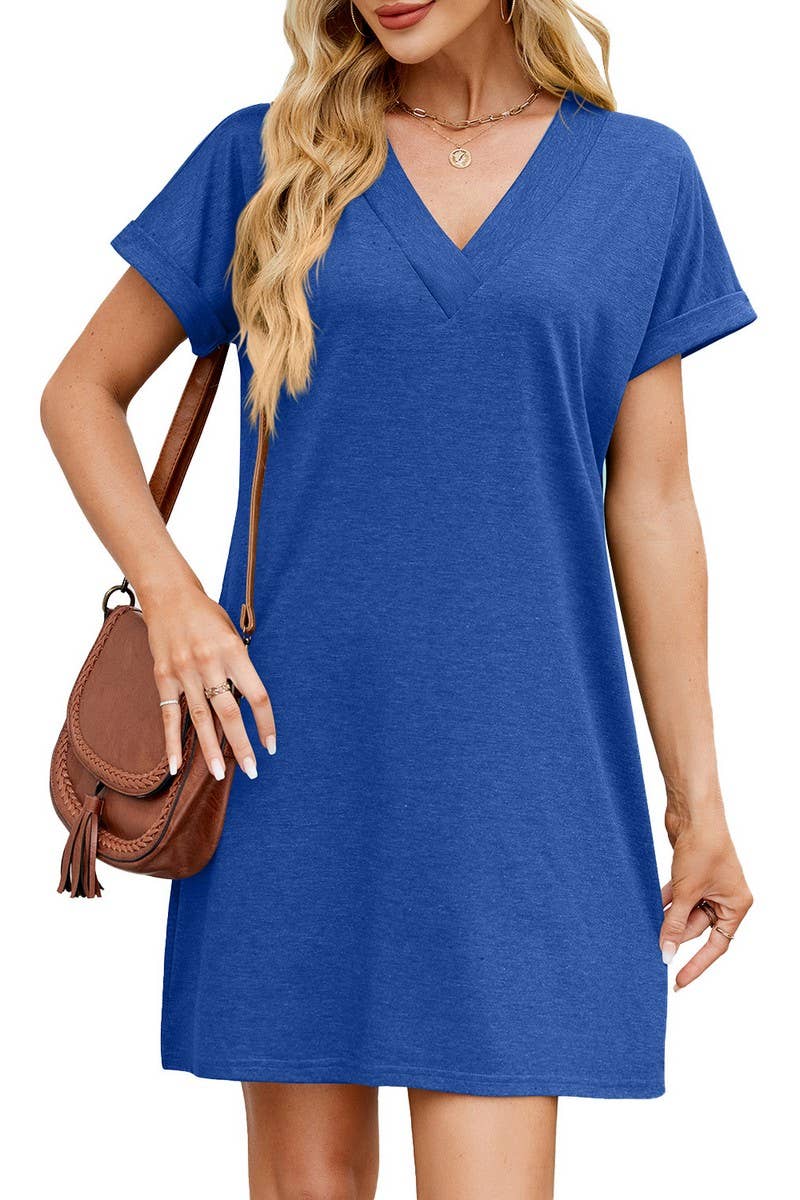 CWDSD8715_V-NECK COLORBLOCK SHORT SLEEVE CASUAL DRESS