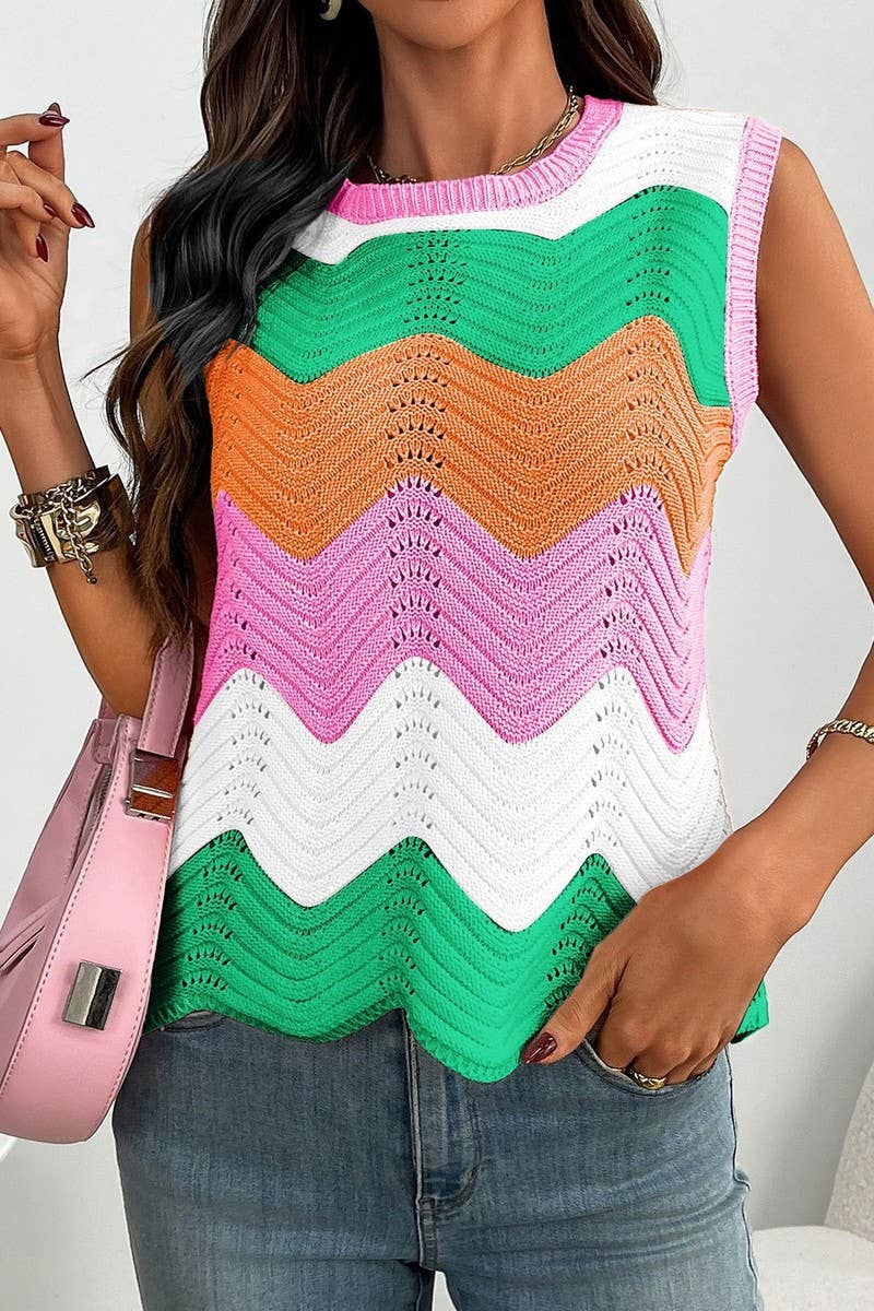 CWOCASL0060_DOPAMINE COLORBLOCK KNIT CREW NECK TANK TOP