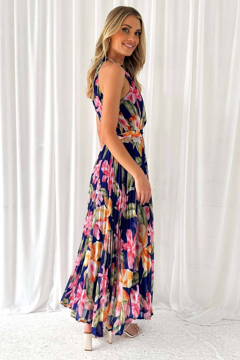 SLEEVELESS LACE UP PRINTED DRESS_CWDTD0147