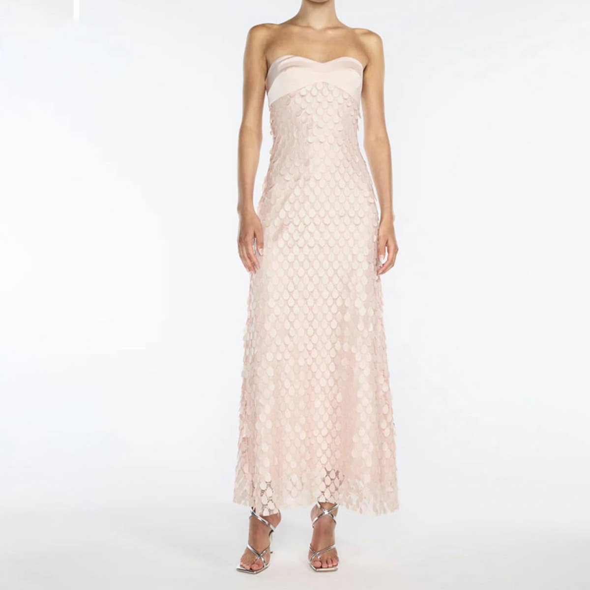 Strapless textured lace sequin backless dress