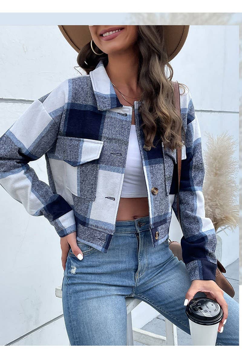 CWOJA0824_CROPPED PLAID CARDIGAN LAPEL JACKET