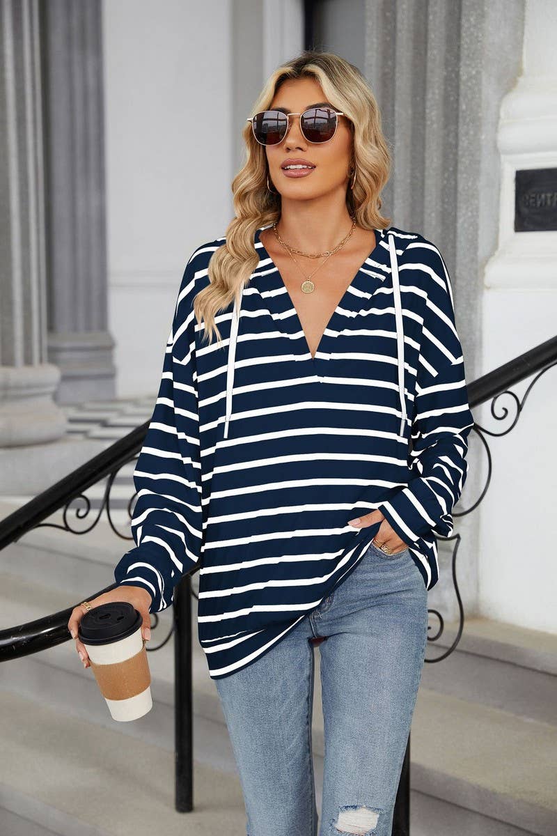 CWOHOL0718_DRAWSTRING HOODED STRIPED LONG SLEEVE SWEATSHIRT