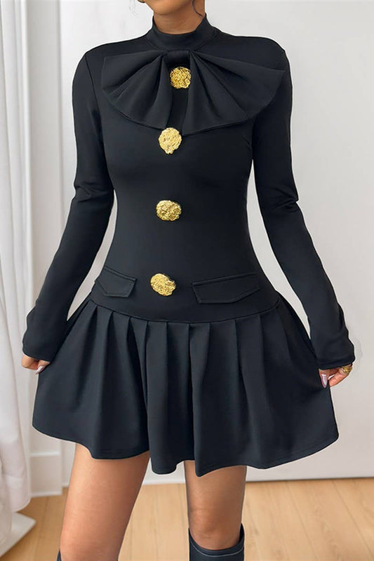 CWDSD8735_BOW BUTTON MOCK NECK LONG SLEEVE FALL DRESS