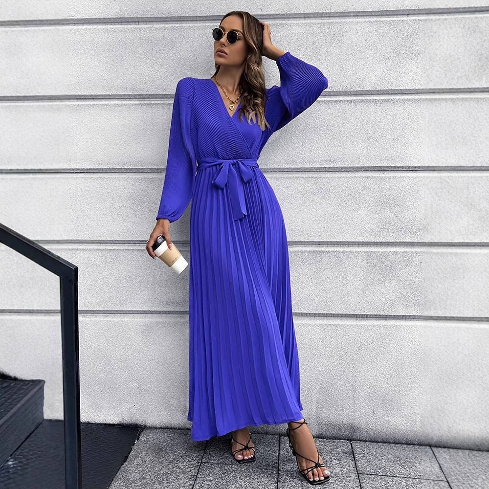 V Neck Long Sleeve Pleated Belted Midi Dress