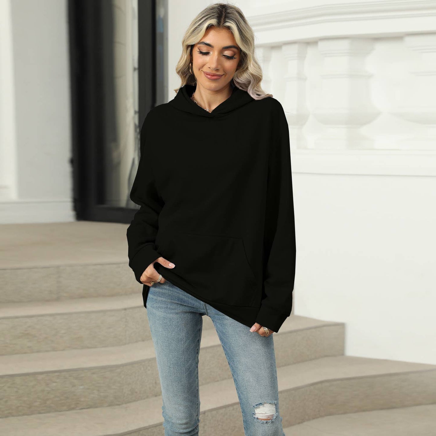 CASUAL HOODED POCKET HOODIE SOLID COLOR TOP_cwtstl1553