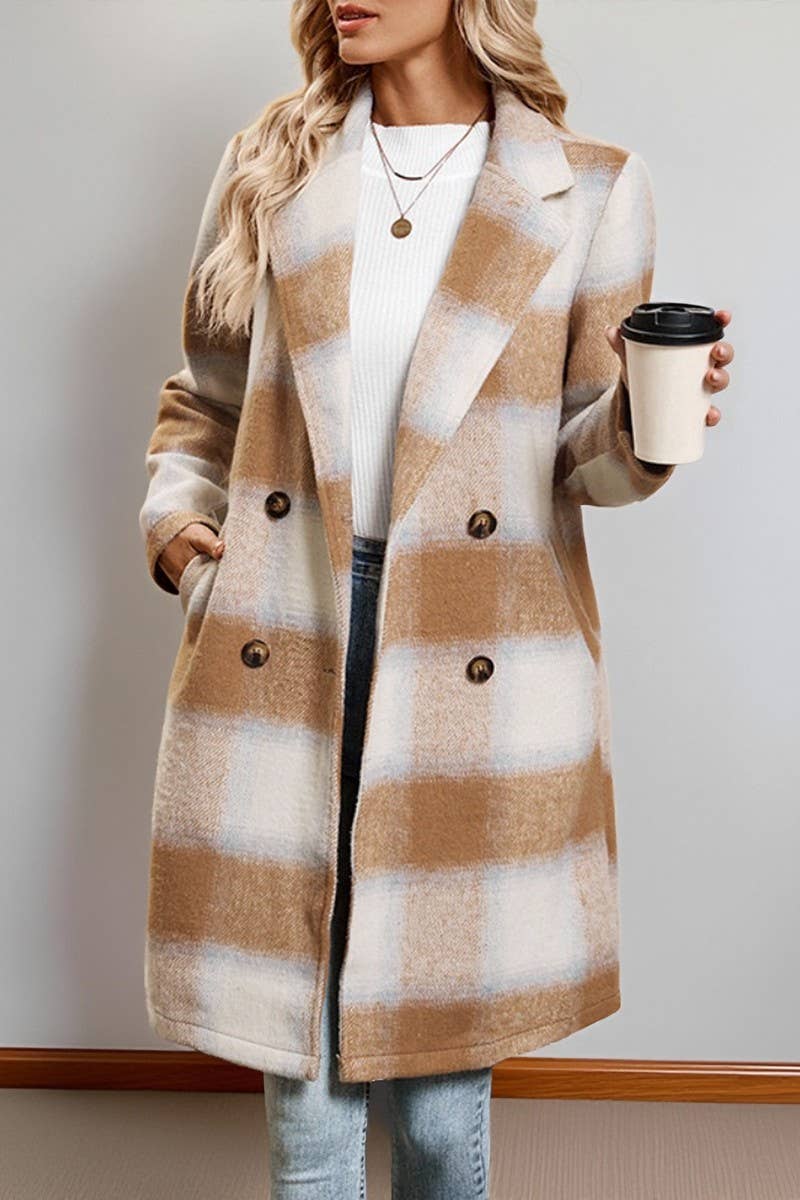 CWOCO00165_CASUAL VINTAGE DOUBLE-BREASTED PLAID BLAZER COAT