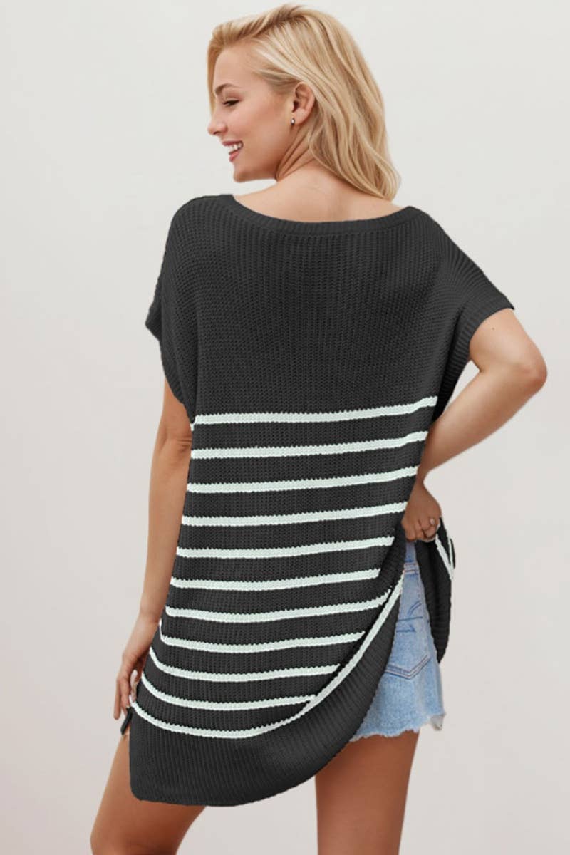 CWDSD3925_V-NECK STRIPED SHORT-SLEEVED KNITTED SHORT DRESS